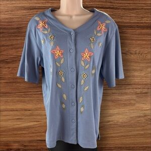 ALFRED DUNNER Vintage Women's Large Blue Floral Embroidered Button Shirt (500)